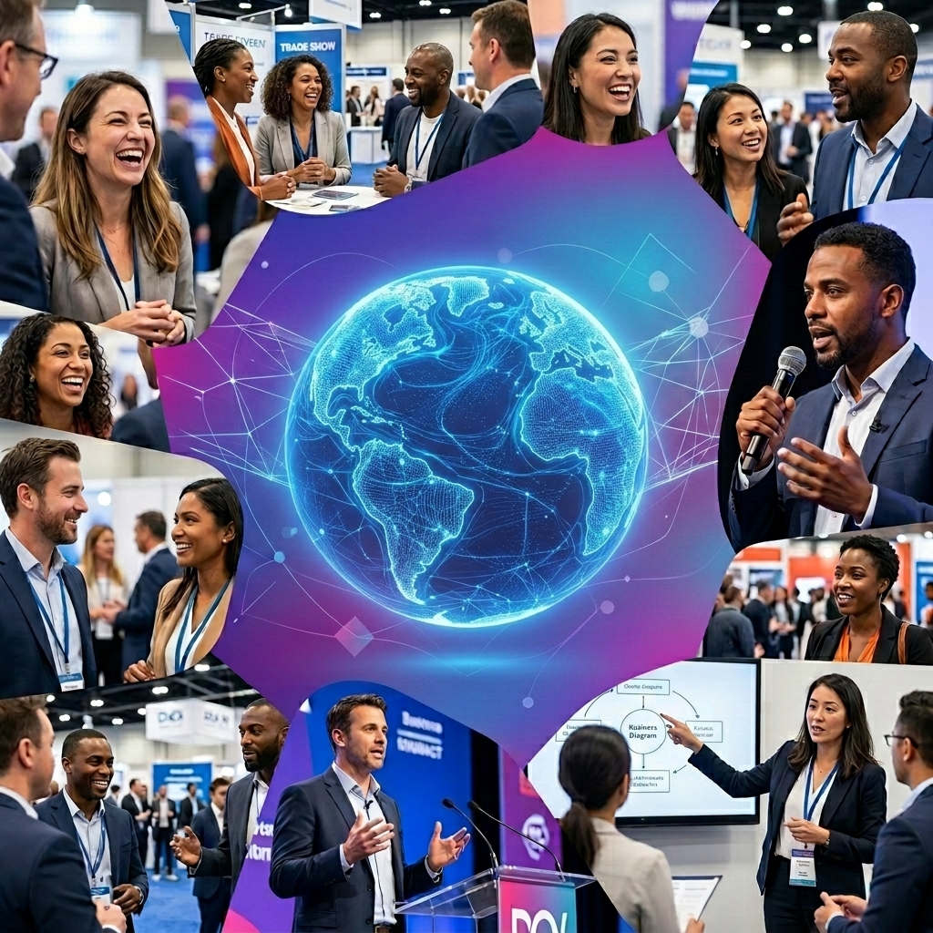 Diverse sales professionals networking with vibrant gradient overlay